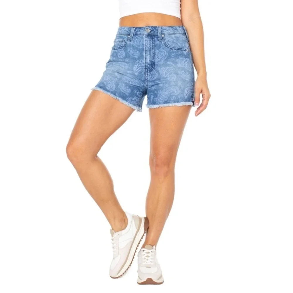 Celebrity Pink Hi Rise Fray Hem Paisley Denim Shorts Size 1130